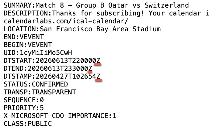 iCalendar data showing a match between Qatar and Switzerland in Group B : Office-Watch.com