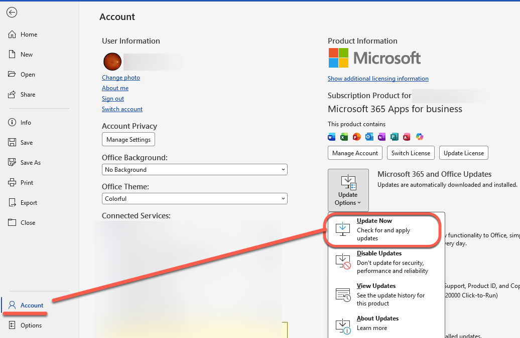 Microsoft 365 account settings showing update options, including "Update Now". : Office-Watch.com