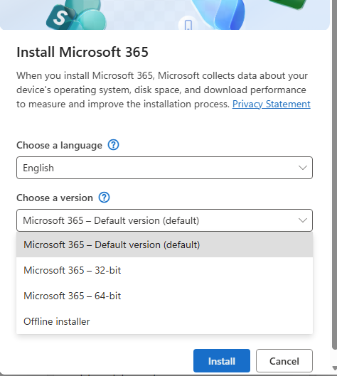 Microsoft 365 installer showing language and version selection, including 32-bit and 64-bit options. : Office-Watch.com