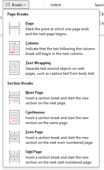 Microsoft Word Breaks menu showing Page, Column, Text Wrapping, Next Page, Continuous, Even Page, and Odd Page section breaks. : Office-Watch.com