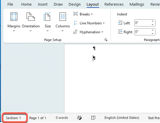 Microsoft Word Layout tab showing indent settings and section information. : Office-Watch.com