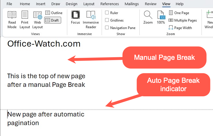 Microsoft Word view tab showing manual and auto page break indicators : Office-Watch.com