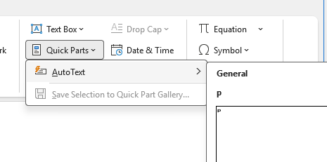 Microsoft Word Quick Parts menu showing AutoText and Save Selection options. : Office-Watch.com