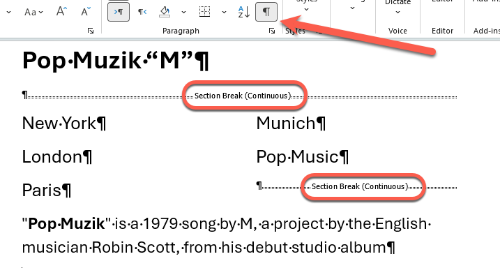 Microsoft Word showing section breaks with an arrow pointing to the Styles pane : Office-Watch.com