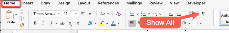 Microsoft Word Home tab with Show All paragraph formatting button highlighted : Office-Watch.com