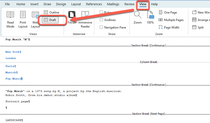 Microsoft Word ribbon showing View tab with Draft view selected : Office-Watch.com
