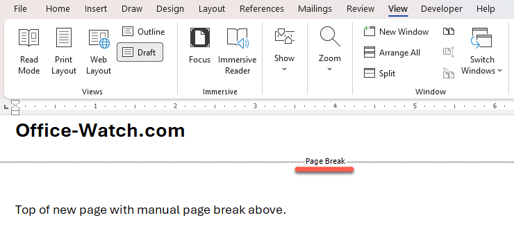 Microsoft Word View tab showing Draft layout and Page Break : Office-Watch.com