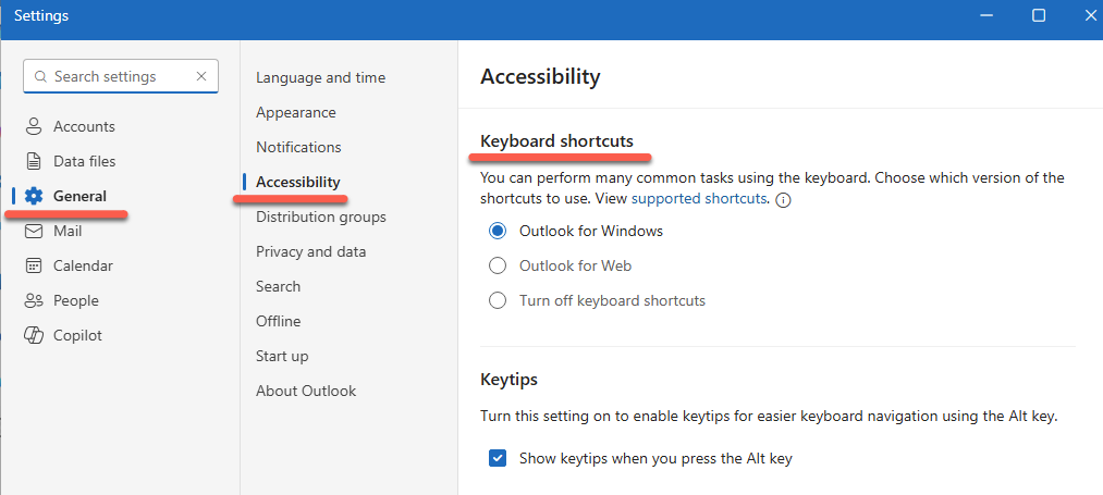 Outlook accessibility settings show keyboard shortcuts and keytips options. : Office-Watch.com