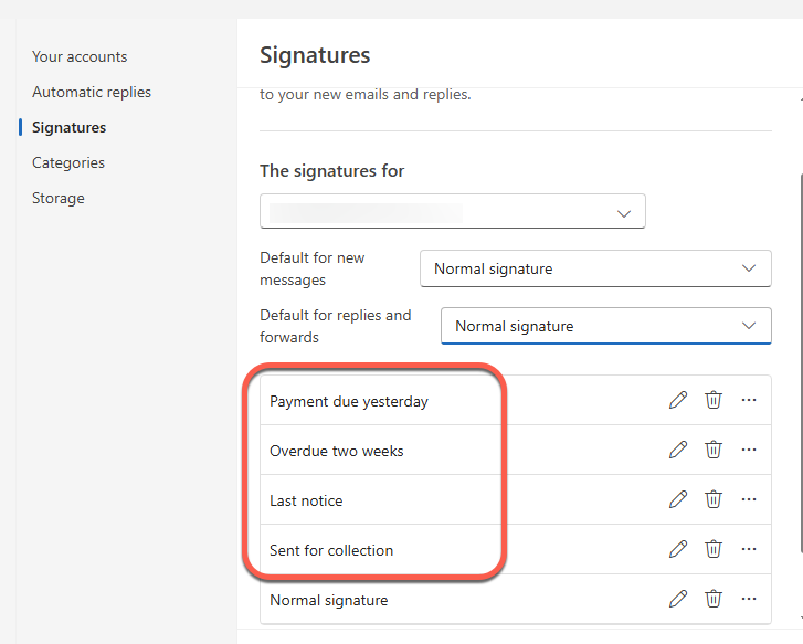 Outlook signatures with options for payment due, overdue, last notice, and collection : Office-Watch.com