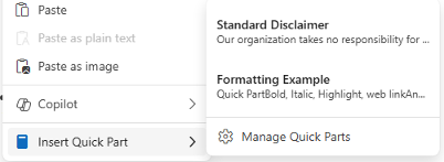 Outlook Quick Parts menu showing Paste, Copilot, and Insert Quick Part options. : Office-Watch.com