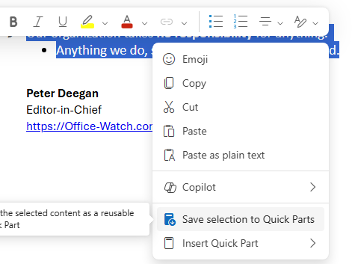 Outlook Quick Parts menu showing "Save selection to Quick Parts" option : Office-Watch.com