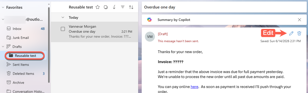 Outlook email folder "Reusable text" with an overdue invoice reminder highlighted. : Office-Watch.com