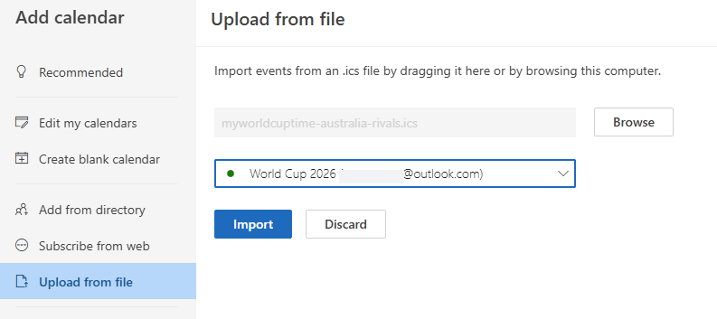 Upload .ics file to Outlook calendar for World Cup 2026 events. : Office-Watch.com