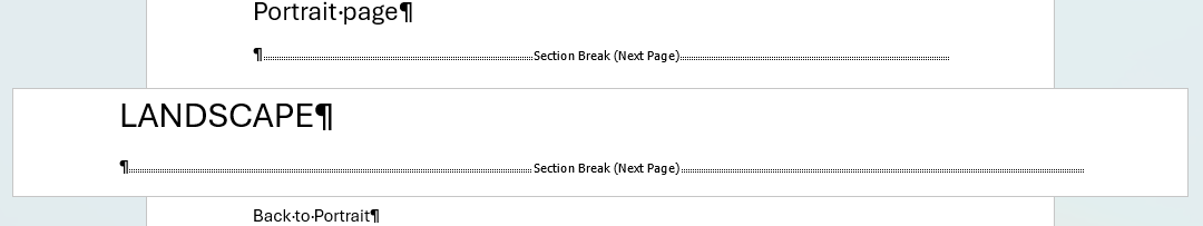 Section break showing portrait to landscape page orientation change. : Office-Watch.com
