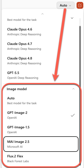 Screenshot of a PowerPoint feature menu showing options for image model selection : Office-Watch.com
