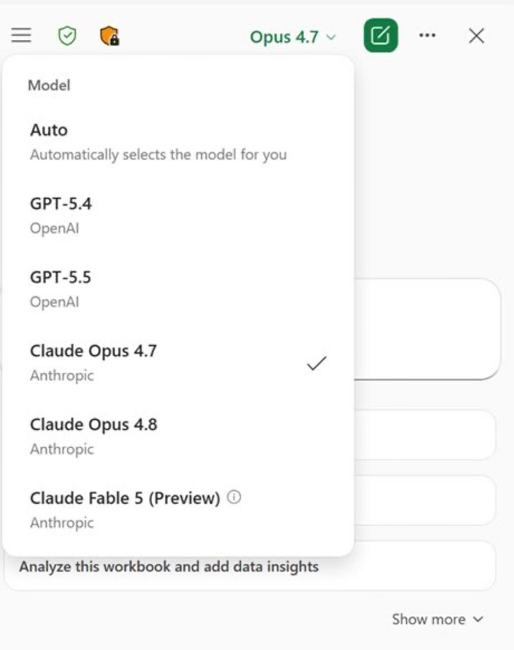 PowerPoint model selection menu showing Claude Opus 4.7 selected. : Office-Watch.com