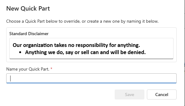 PowerPoint Quick Part dialog box with "Standard Disclaimer" text and input field. : Office-Watch.com