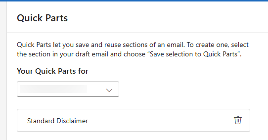 Quick Parts feature in an email client, showing saved "Standard Disclaimer" text. : Office-Watch.com