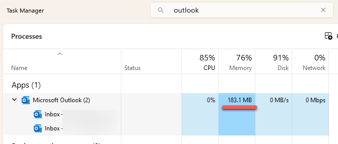 Task Manager showing Microsoft Outlook classic using 183.1 MB of memory : Office-Watch.com