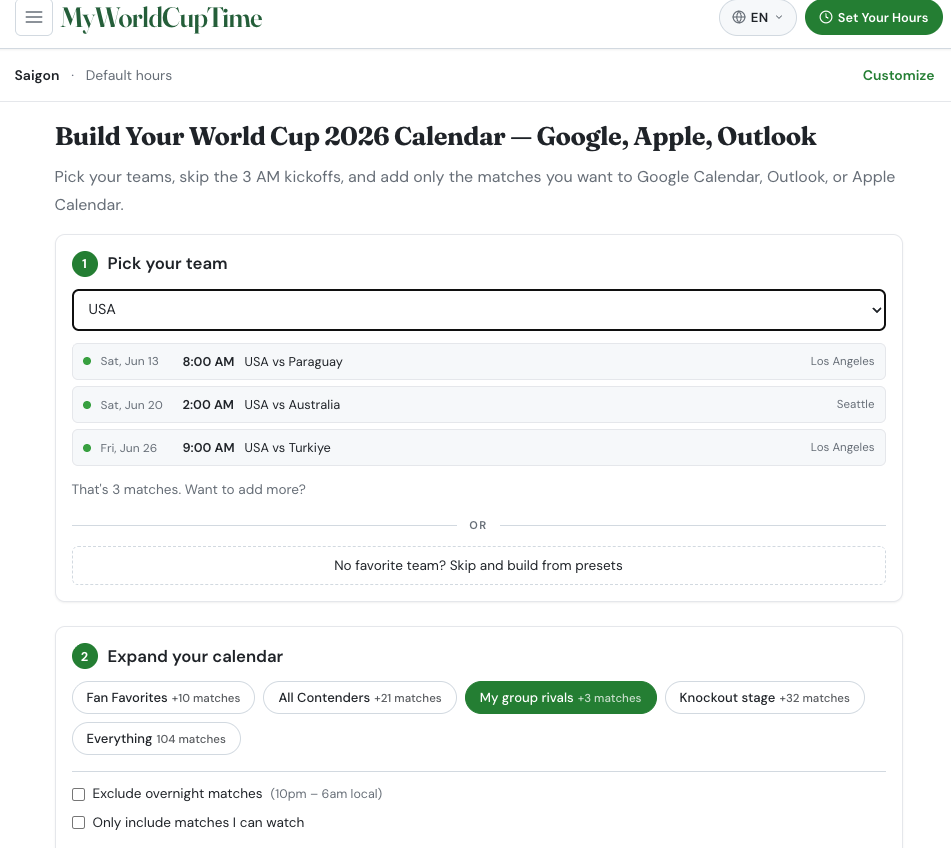 Build your World Cup 2026 calendar: Select USA team and matches for Google, Apple, Outlook. : Office-Watch.com