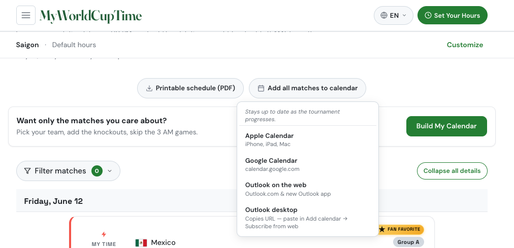 World Cup schedule interface showing options to add matches to Apple, Google, or Outlook calendars. : Office-Watch.com