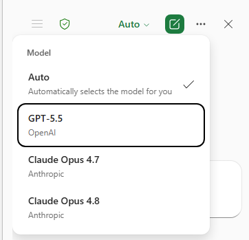 AI model selection menu showing GPT-5.5, Claude Opus 4.7, and Claude Opus 4.8 options. : Office-Watch.com