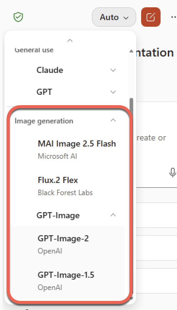 AI model selection menu showing image generation options like MAI Image, Flux.2 Flex, and GPT-Image. : Office-Watch.com