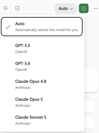 AI model selection menu with Auto, GPT-5.5, GPT-5.6, Claude Opus 4.8, Claude Opus 5, and Claude Sonnet 5 options : Office-Watch.com