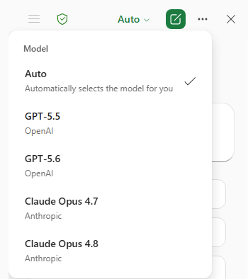 AI model selection menu: Auto, GPT-5.5, GPT-5.6, Claude Opus 4.7, Claude Opus 4.8 : Office-Watch.com