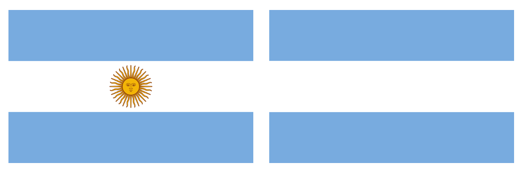Argentina Ceremonial Flag with Sun of May next to the plain Ornamental Flag
