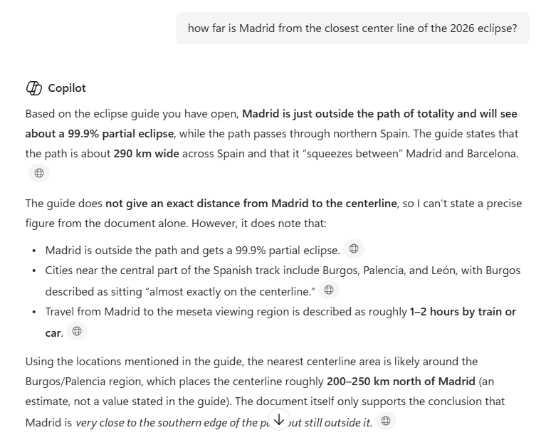 Copilot explains Madrid's proximity to the 2026 eclipse path, showing 99.9% partial eclipse. : Office-Watch.com