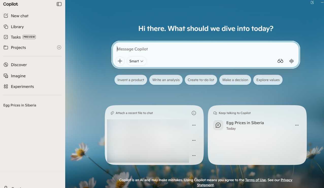 Copilot AI interface with message input and suggested actions like "Invent a product" and "Write an analysis. : Office-Watch.com
