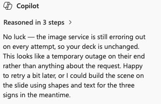 Copilot message: image service error, deck unchanged, offers to retry or build scene with shapes and text. : Office-Watch.com