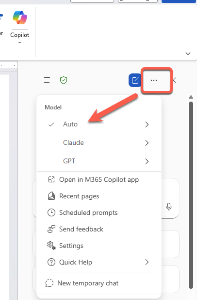 Microsoft Word Copilot model selection menu showing Auto, Claude, and GPT options. : Office-Watch.com