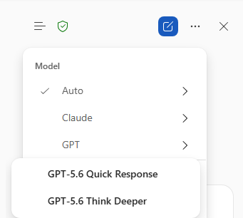 Word Copilot model selection:GPT-5.6 Quick Response, GPT-5.6 Think Deeper : Office-Watch.com