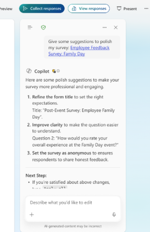 Copilot suggestions for Microsoft Forms. : Office-Watch.com