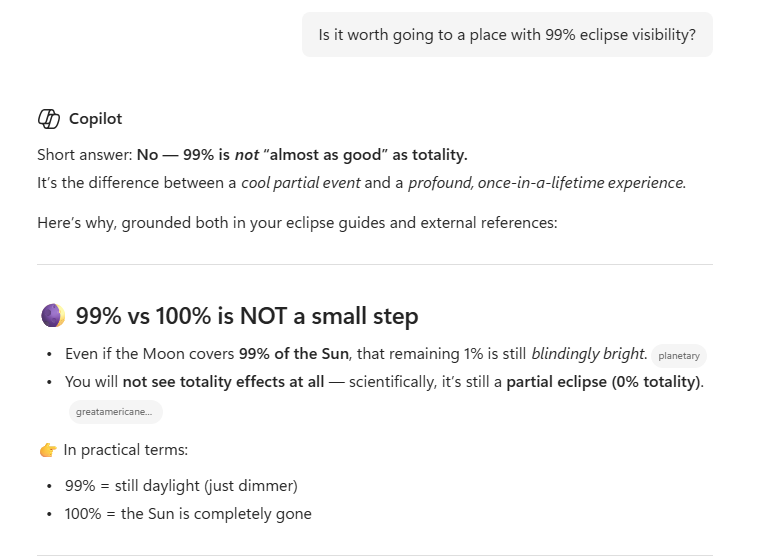 Copilot explains 99% eclipse visibility is not totality; 99% vs 100% is a big difference. : Office-Watch.com