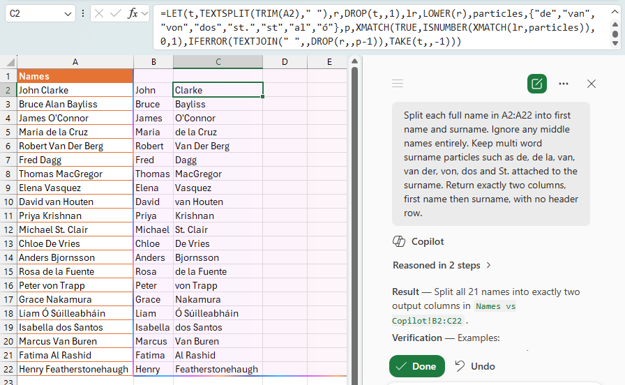 Excel formula splits full names into first name and surname, ignoring middle name particles. : Office-Watch.com