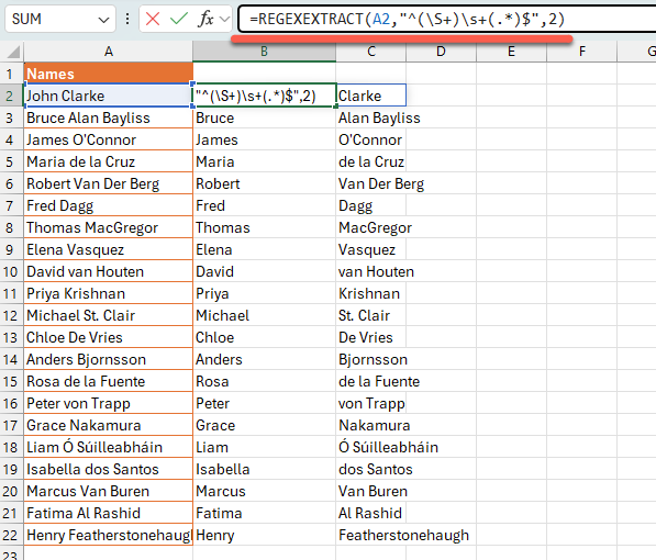 Excel spreadsheet showing a REGEXEXTRACT formula separating first and last names. : Office-Watch.com