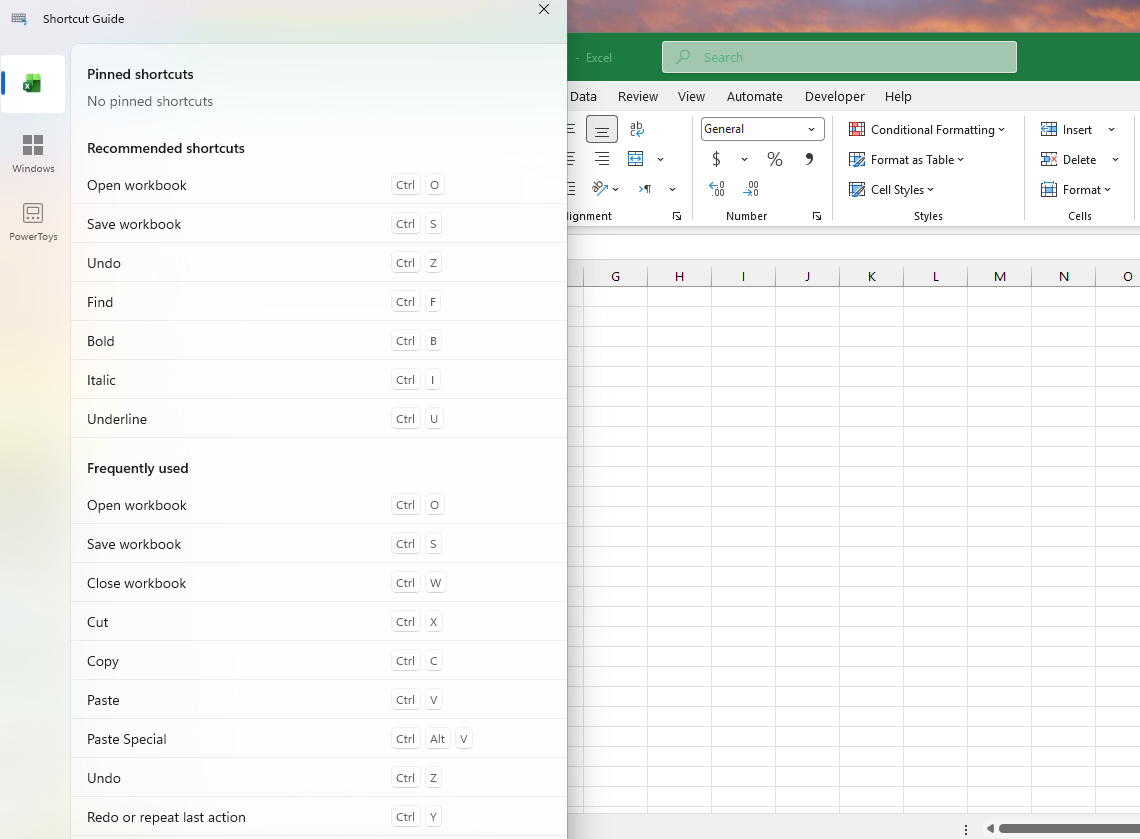 Excel shortcut guide showing common shortcuts like Ctrl+O for open workbook : Office-Watch.com