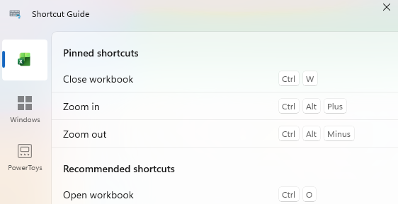 Excel shortcut guide showing pinned and recommended shortcuts like Close workbook, Zoom in, and Zoom out. : Office-Watch.com