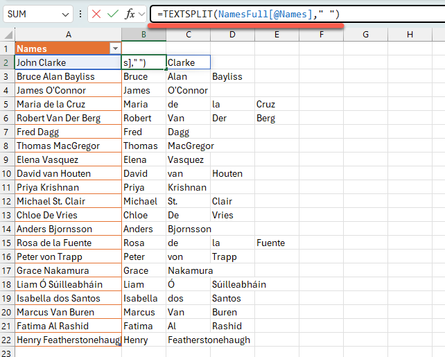 Excel spreadsheet showing names split into columns using TEXTSPLIT function. : Office-Watch.com