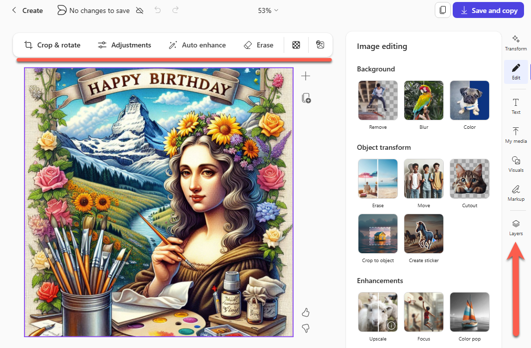 Happy Birthday image with woman, mountains, flowers, and art supplies. : Office-Watch.com