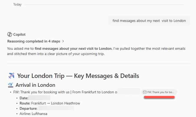 London trip details from Copilot with flight booking confirmation and travel itinerary : Office-Watch.com
