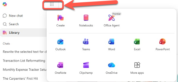 Microsoft 365 app launcher showing Outlook, Teams, Word, Excel, and PowerPoint icons. : Office-Watch.com