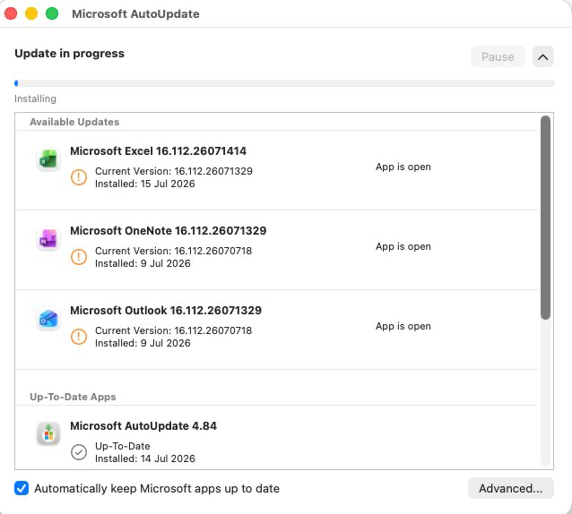 Microsoft AutoUpdate shows Excel, OneNote, and Outlook installing updates. : Office-Watch.com