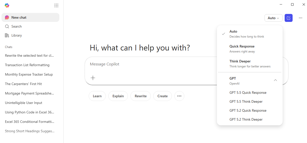 Microsoft Copilot interface showing response options: Auto, Quick Response, and Think Deeper. : Office-Watch.com