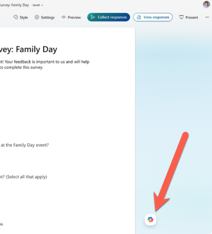 Microsoft Forms survey interface with a red arrow pointing to the Copilot icon. : Office-Watch.com