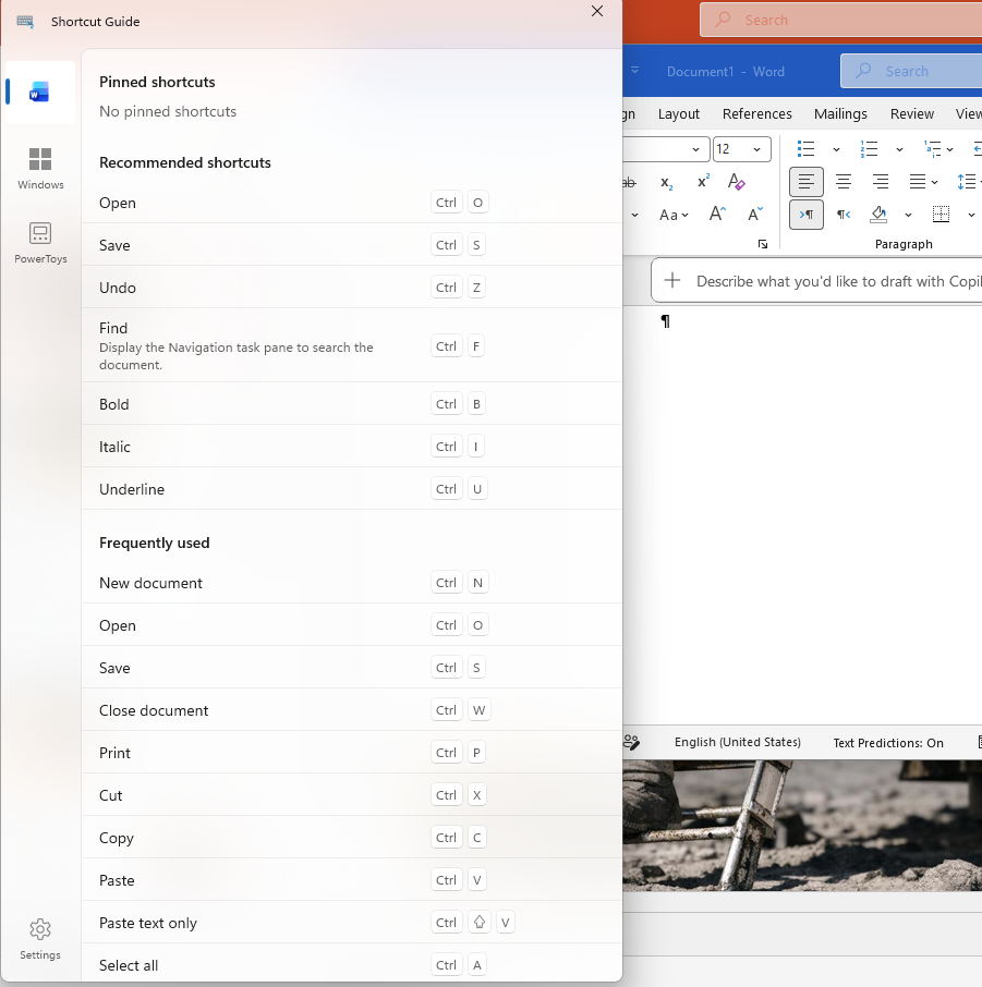 Microsoft Word shortcut guide showing recommended and frequently used shortcuts like Ctrl+O for Open. : Office-Watch.com