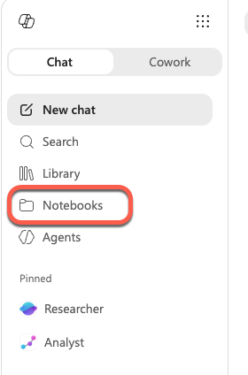 Notebooks folder highlighted in a chat interface menu. : Office-Watch.com